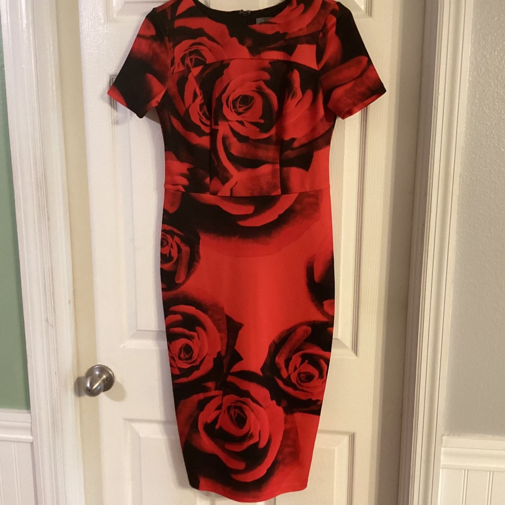 Neiman Marcus Womens Red Black Oversized Rose Floral Sheath Dress Short Sleeve S